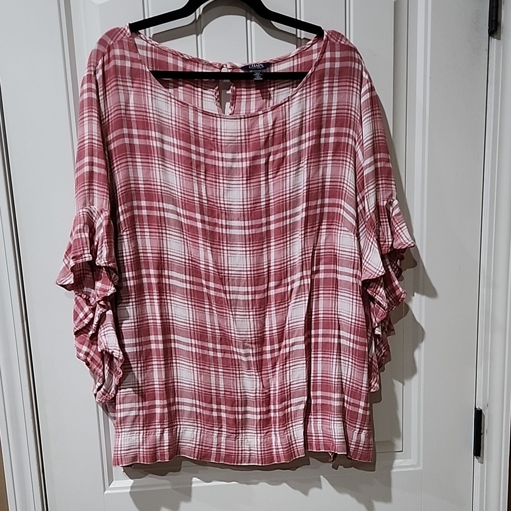 Plaid Ruffle Sleeve Top - Red and White